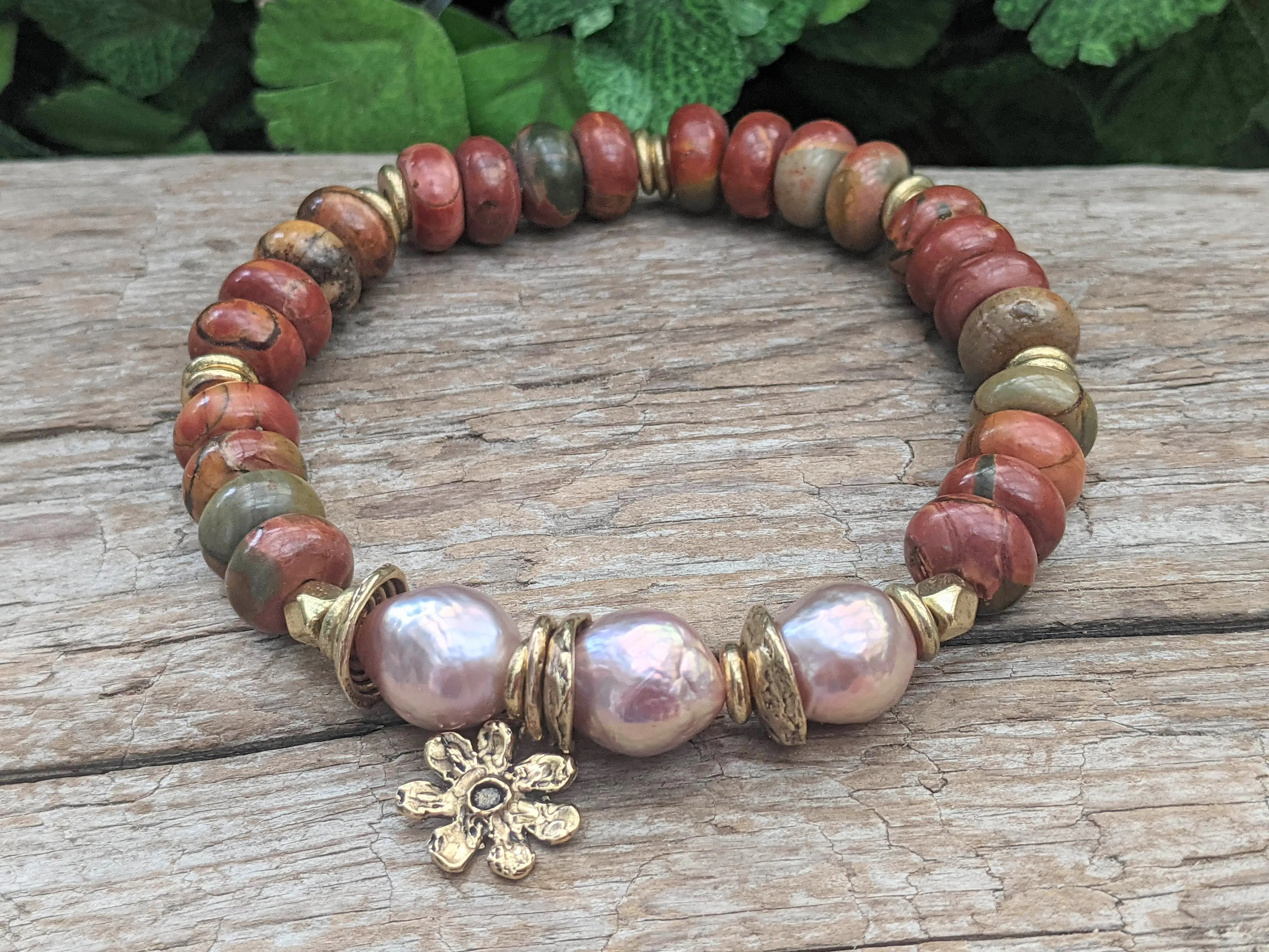 Red Greek Jasper & Pink Edison Pearl Bracelet