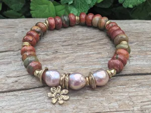 Red Greek Jasper & Pink Edison Pearl Bracelet