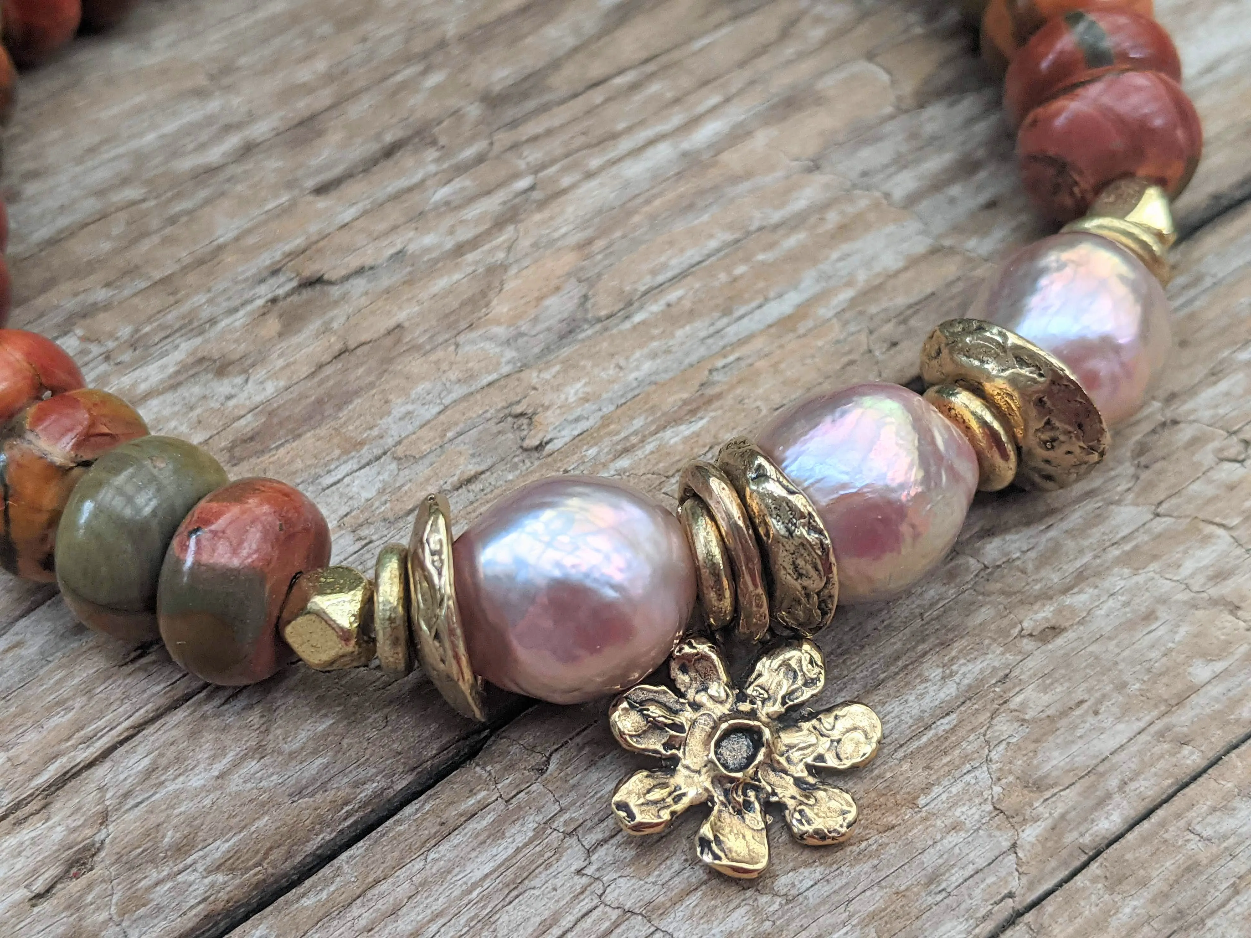 Red Greek Jasper & Pink Edison Pearl Bracelet
