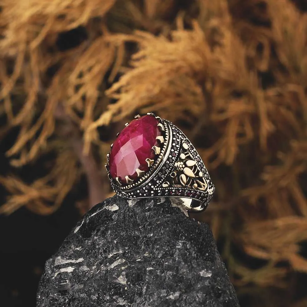 Red Ruby Ring Men, Turkish Ruby Ring Handmade Exclusive Design