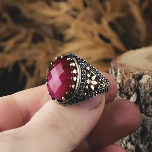 Red Ruby Ring Men, Turkish Ruby Ring Handmade Exclusive Design