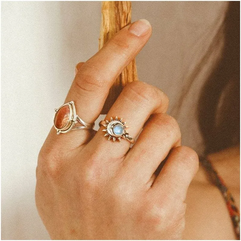 Retro Moonstone Sun Moon Ring
