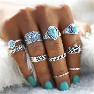 Retro Totem Turquoise Rings Set
