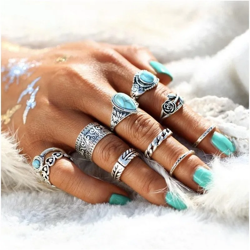 Retro Totem Turquoise Rings Set