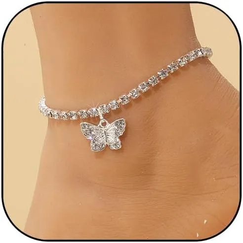 Rhinestone Butterfly Anklet for Women Charm Butterfly Anklets Gold Silver Rhinestone Cuban Anklets Hip Hop Bulk Adjustable Chain Anklet Crystal Sparking Beach Anklets for Summer Beach