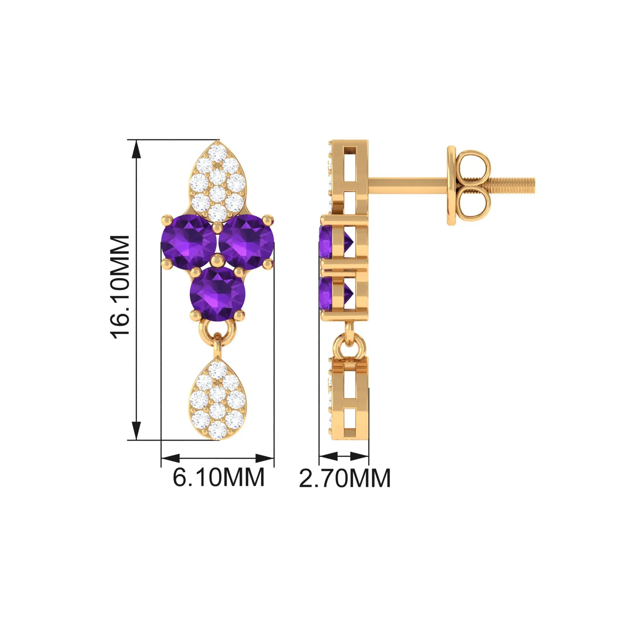 Round Amethyst and Diamond Contemporary Dangle Earrings