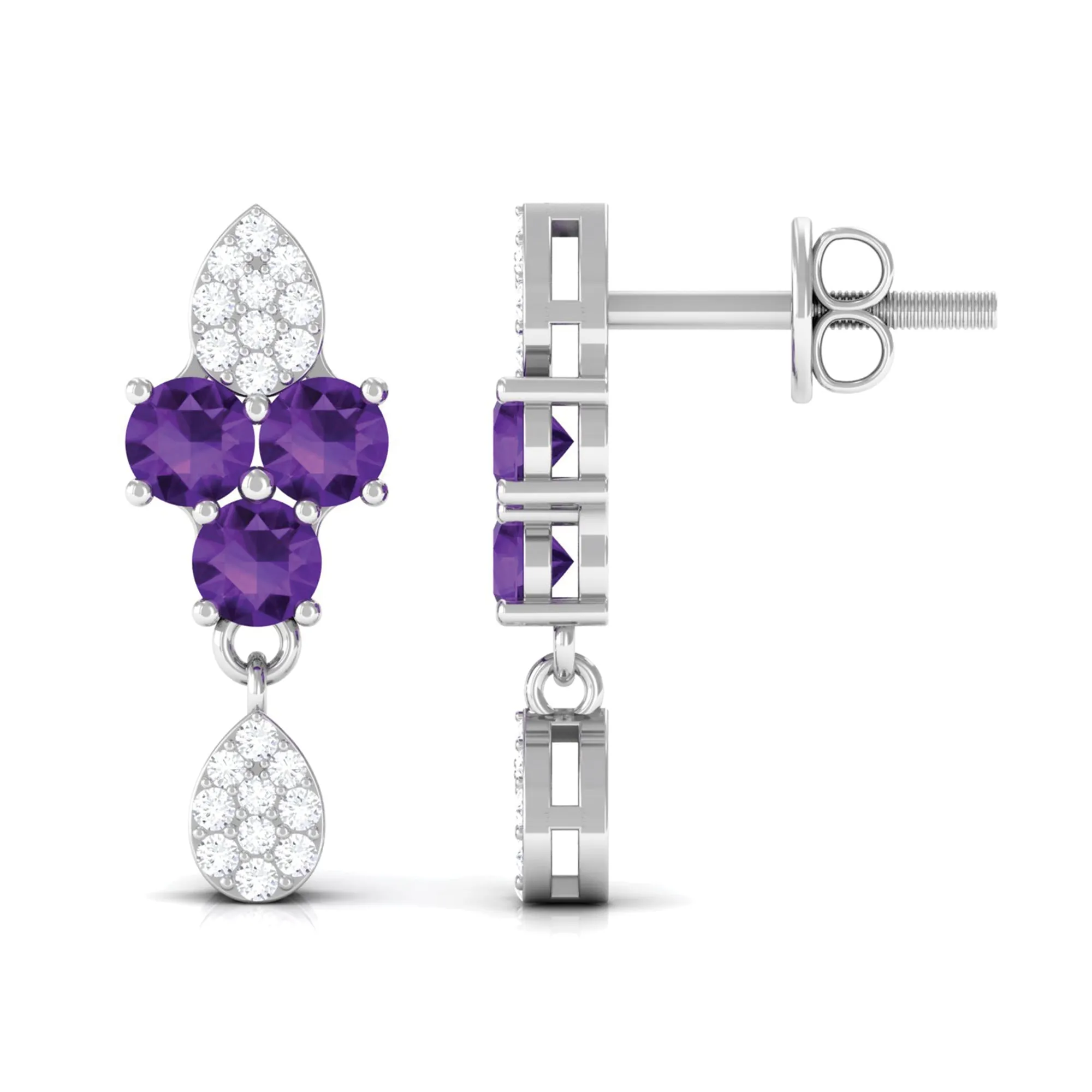 Round Amethyst and Diamond Contemporary Dangle Earrings