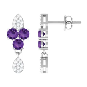 Round Amethyst and Diamond Contemporary Dangle Earrings