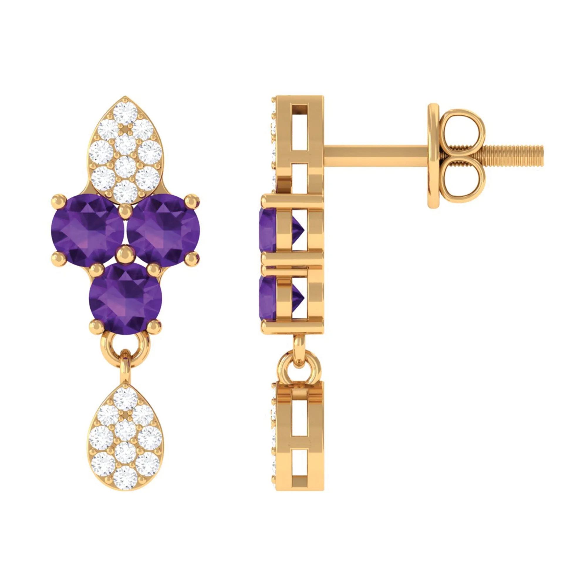 Round Amethyst and Diamond Contemporary Dangle Earrings