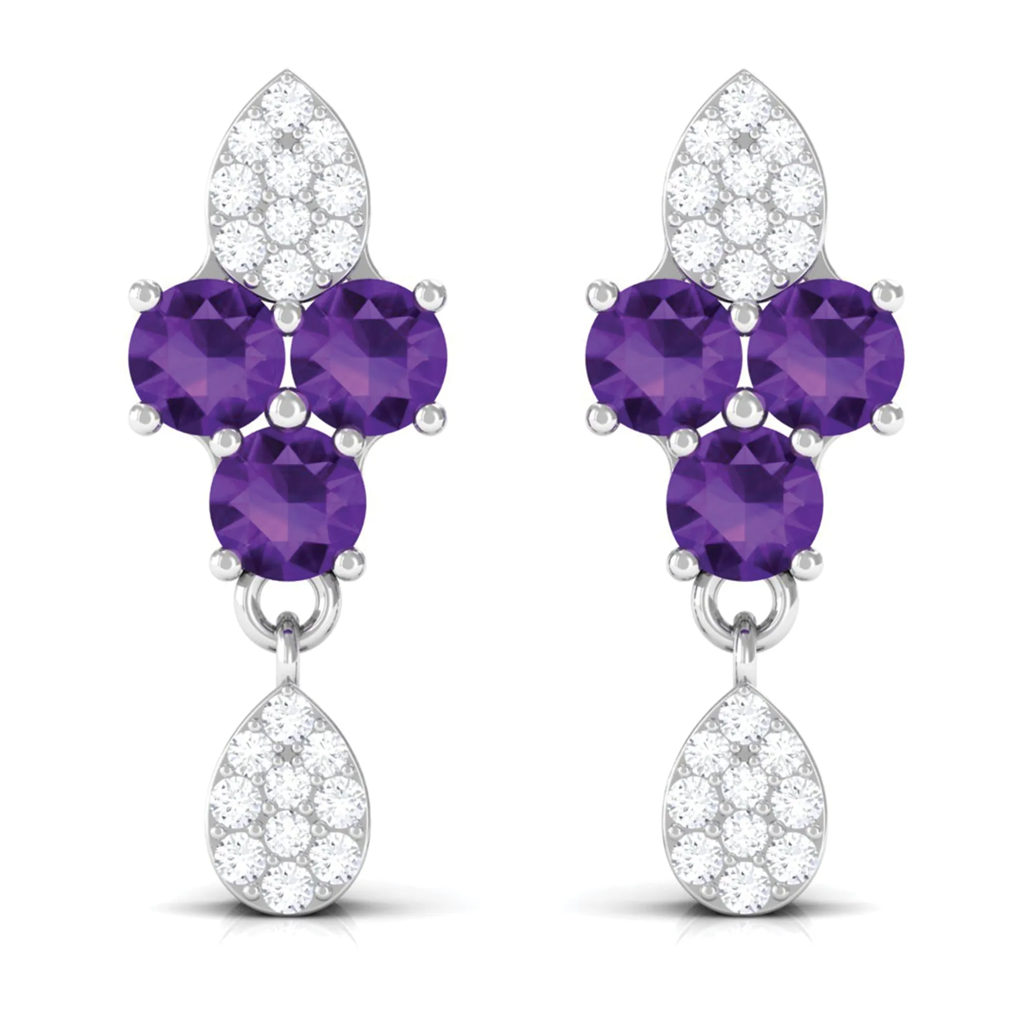 Round Amethyst and Diamond Contemporary Dangle Earrings