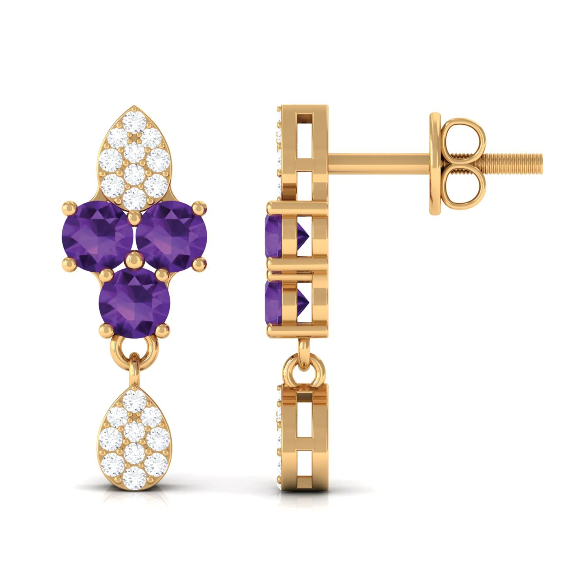 Round Amethyst and Diamond Contemporary Dangle Earrings