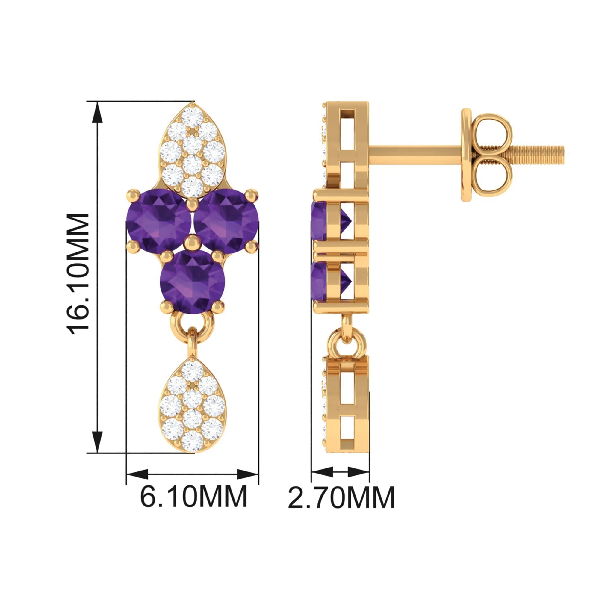 Round Amethyst and Diamond Contemporary Dangle Earrings