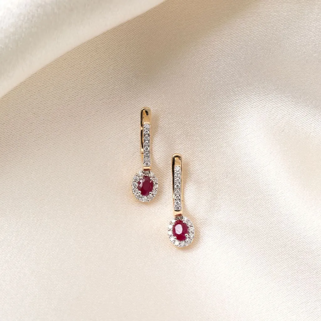 Ruby & Diamond Drop Earrings | 9ct Gold