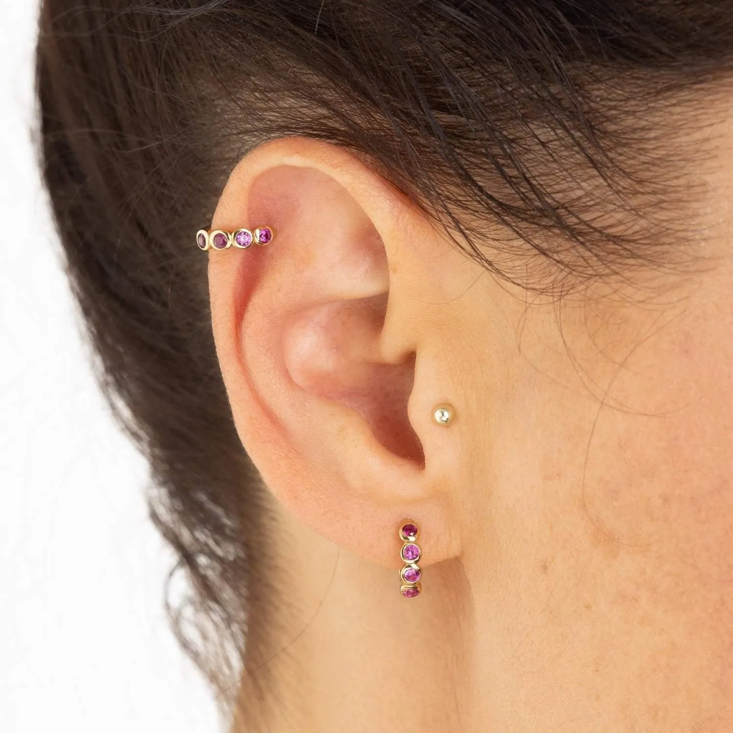 Scream Pretty Bezel Huggie Earrings with Ruby Pink Stones