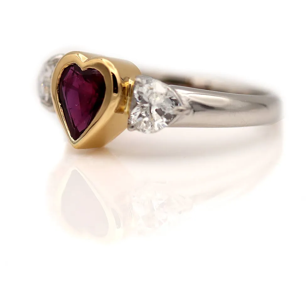 Siamese Ruby and Heart Shape Diamond Half Engagement Ring 1.12 Ct