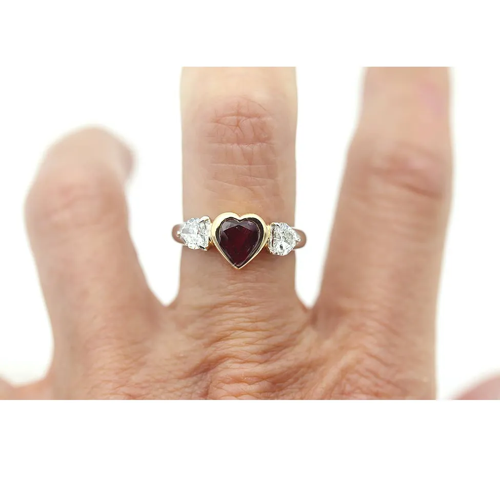 Siamese Ruby and Heart Shape Diamond Half Engagement Ring 1.12 Ct