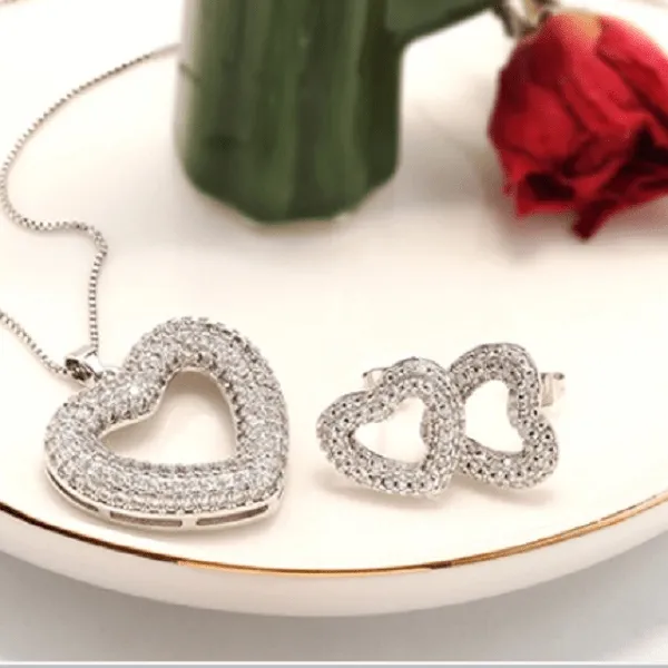 Sparkling CZ Heart Earring &  Necklace Set