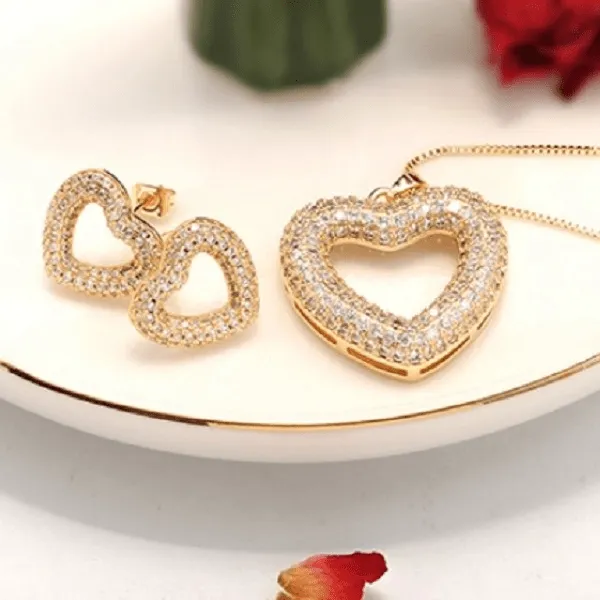 Sparkling CZ Heart Earring &  Necklace Set