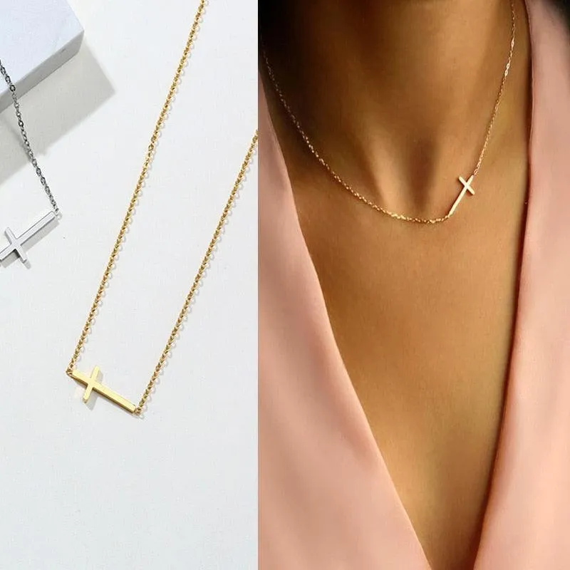 Stainless Steel Dainty Minimalist Cross Charming Sideway Cross Choker Necklace Pendant - Christian Jewellery