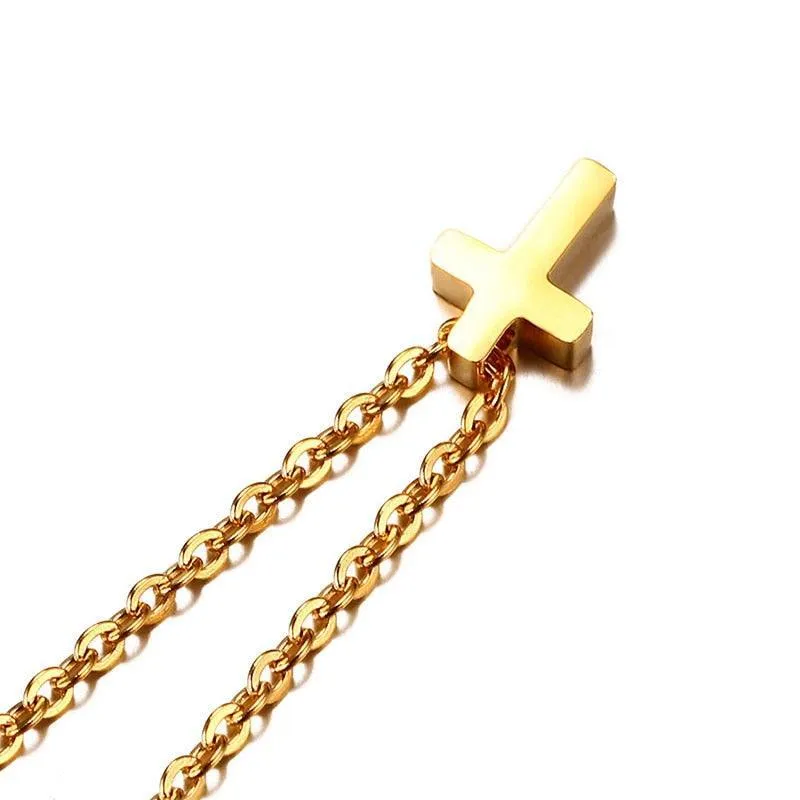 Stainless Steel Dainty Minimalist Cross Charming Sideway Cross Choker Necklace Pendant - Christian Jewellery