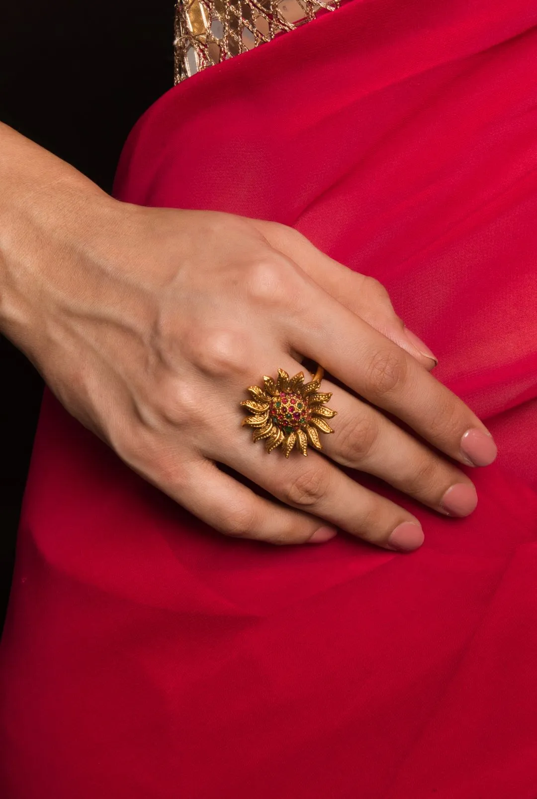 Sun Motif with Ruby Red Stones Temple Adjustable Ring