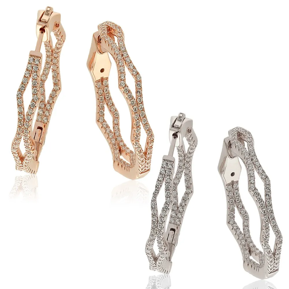 Suzy Levian Cubic Zirconia in Sterling Silver Pave Modern Hoop Earrings