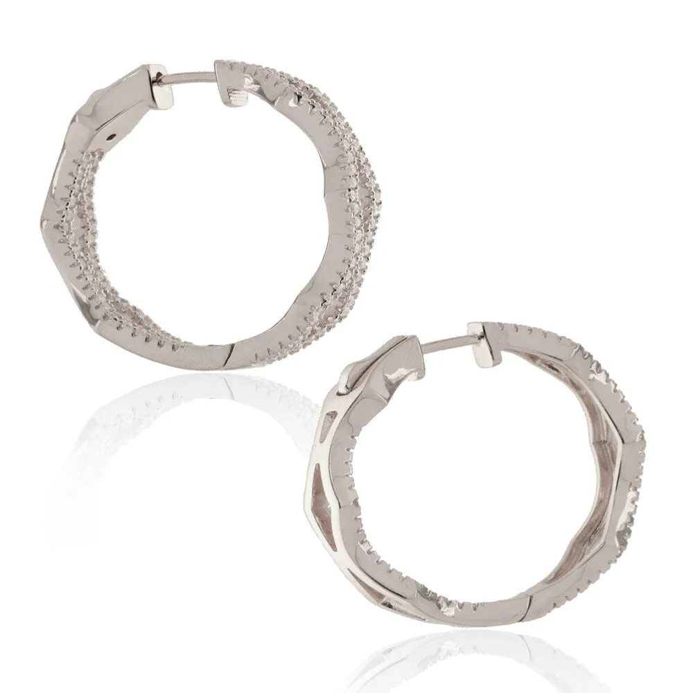 Suzy Levian Cubic Zirconia in Sterling Silver Pave Modern Hoop Earrings