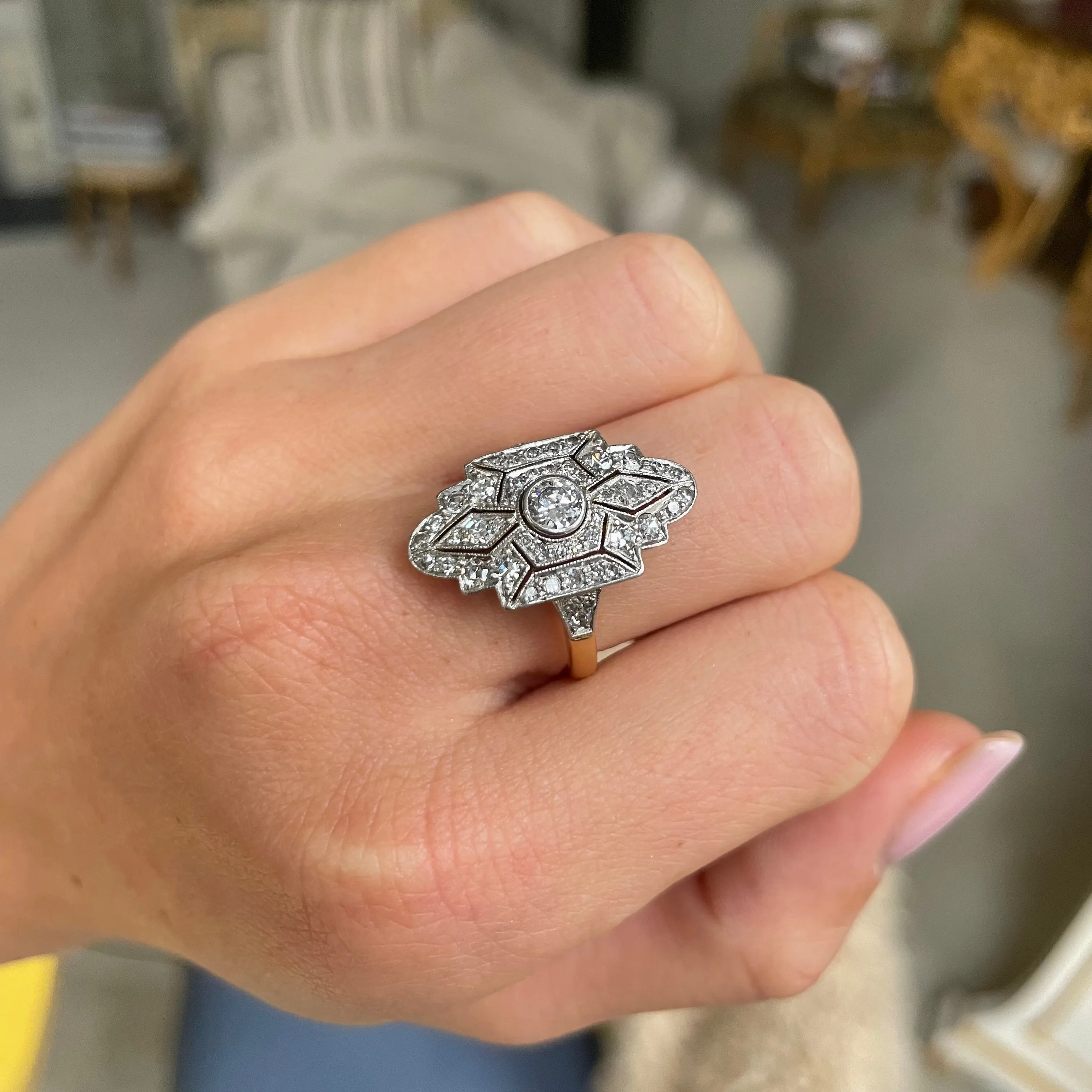 Swedish Art Deco diamond navette plaque engagement ring, 18ct gold and platinum
