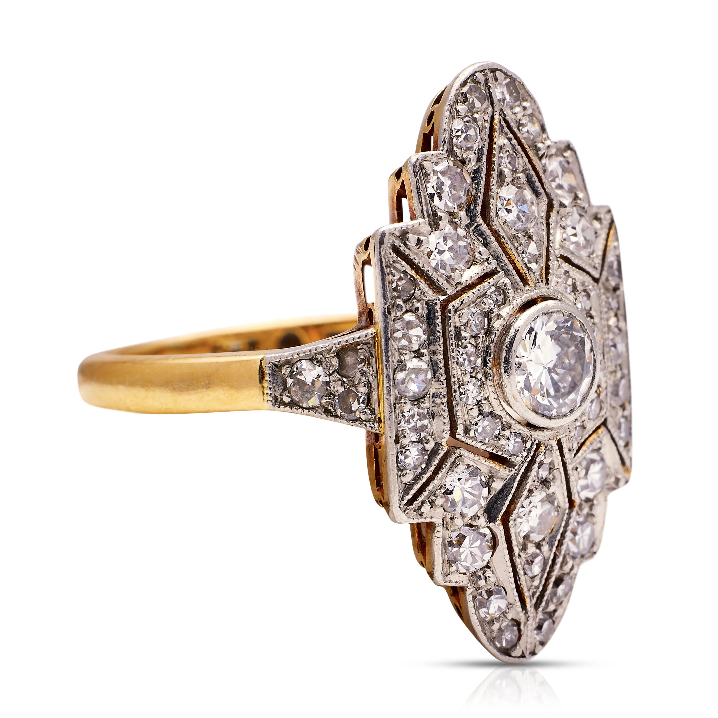 Swedish Art Deco diamond navette plaque engagement ring, 18ct gold and platinum