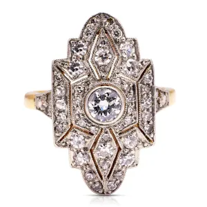 Swedish Art Deco diamond navette plaque engagement ring, 18ct gold and platinum