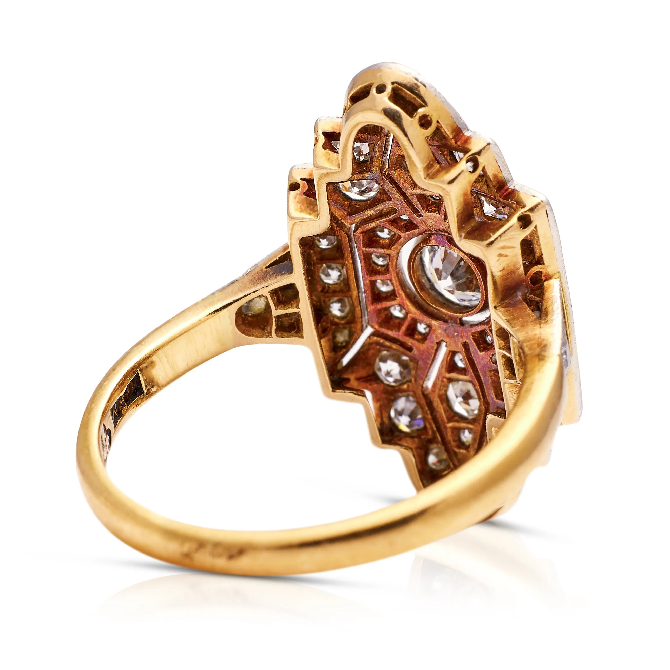 Swedish Art Deco diamond navette plaque engagement ring, 18ct gold and platinum