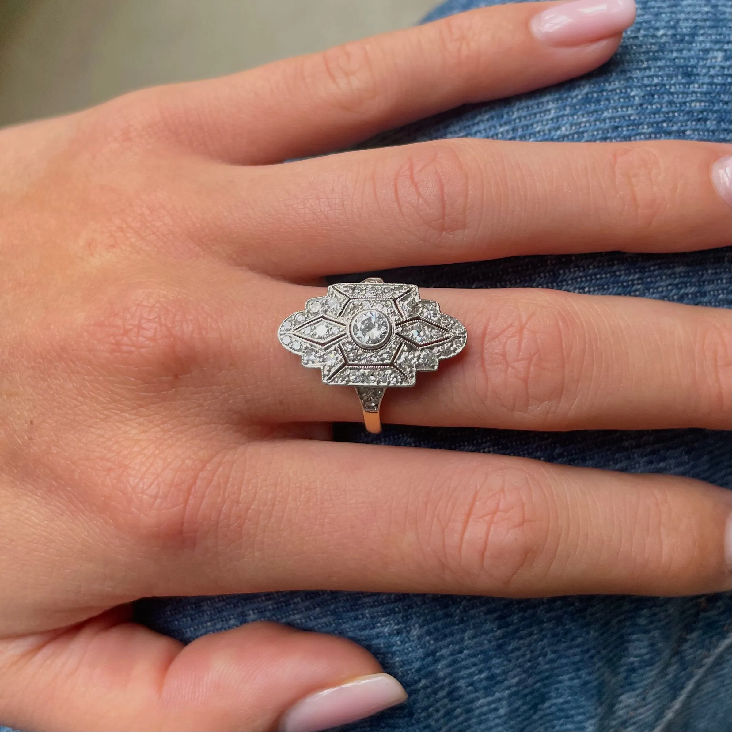 Swedish Art Deco diamond navette plaque engagement ring, 18ct gold and platinum