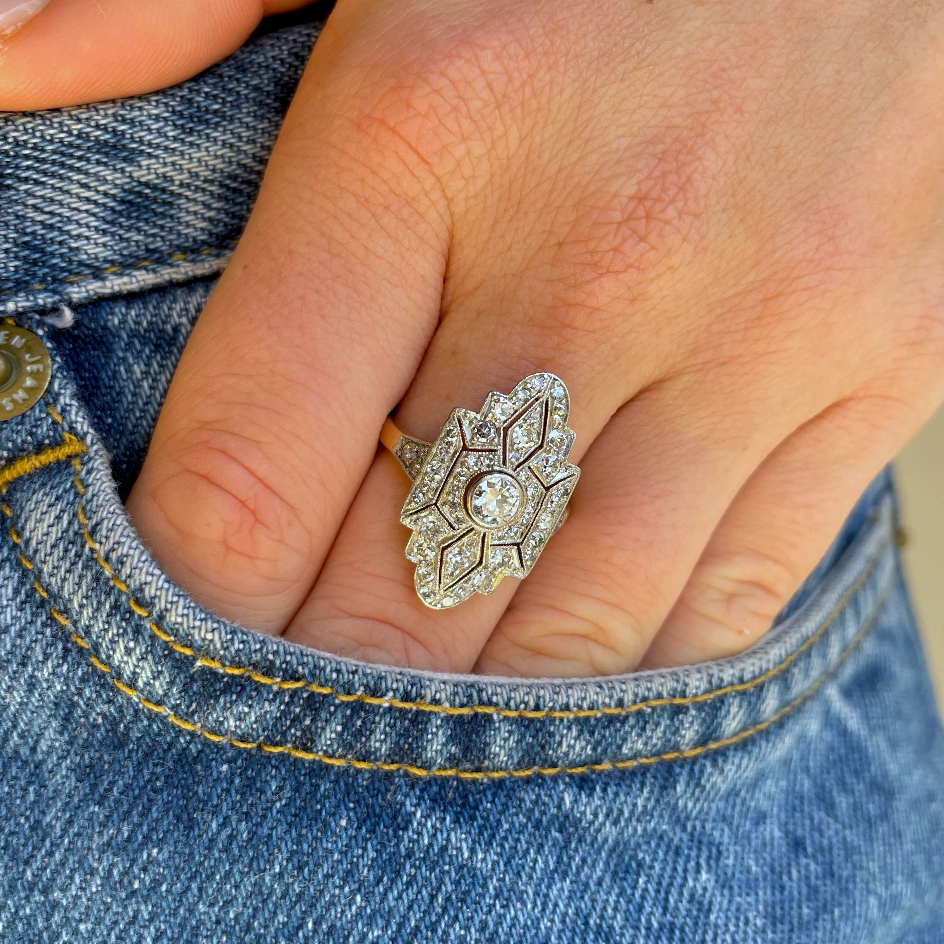 Swedish Art Deco diamond navette plaque engagement ring, 18ct gold and platinum