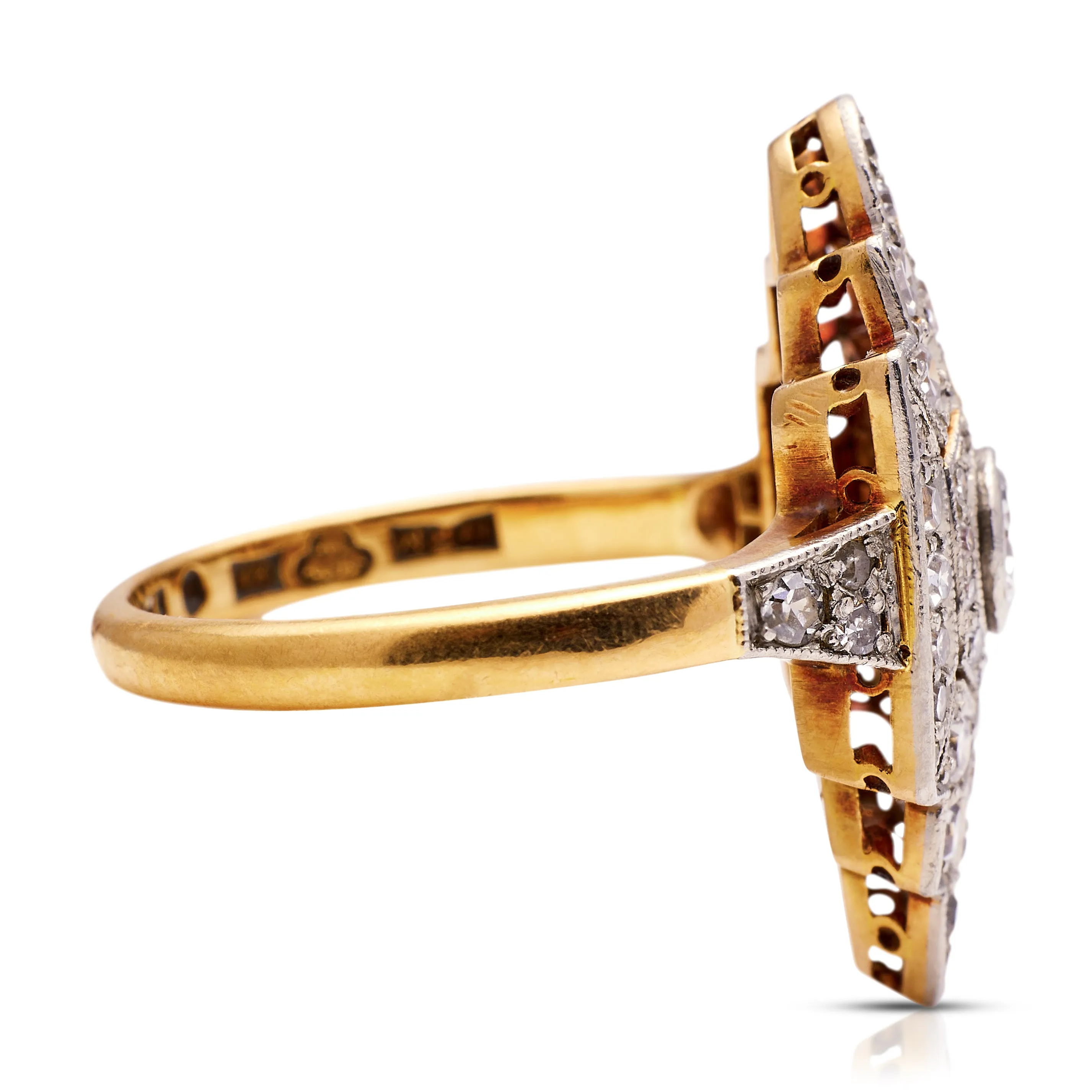 Swedish Art Deco diamond navette plaque engagement ring, 18ct gold and platinum