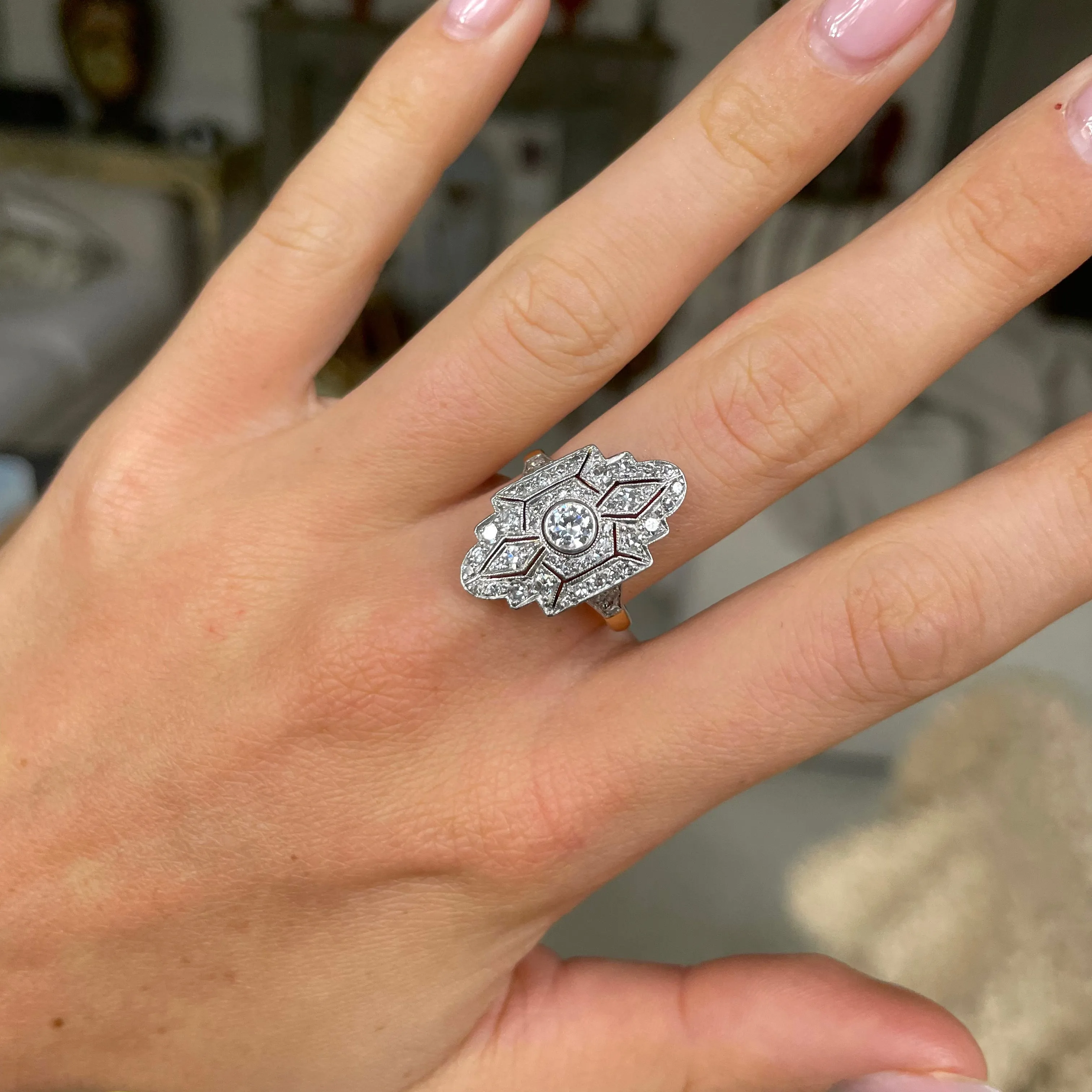 Swedish Art Deco diamond navette plaque engagement ring, 18ct gold and platinum