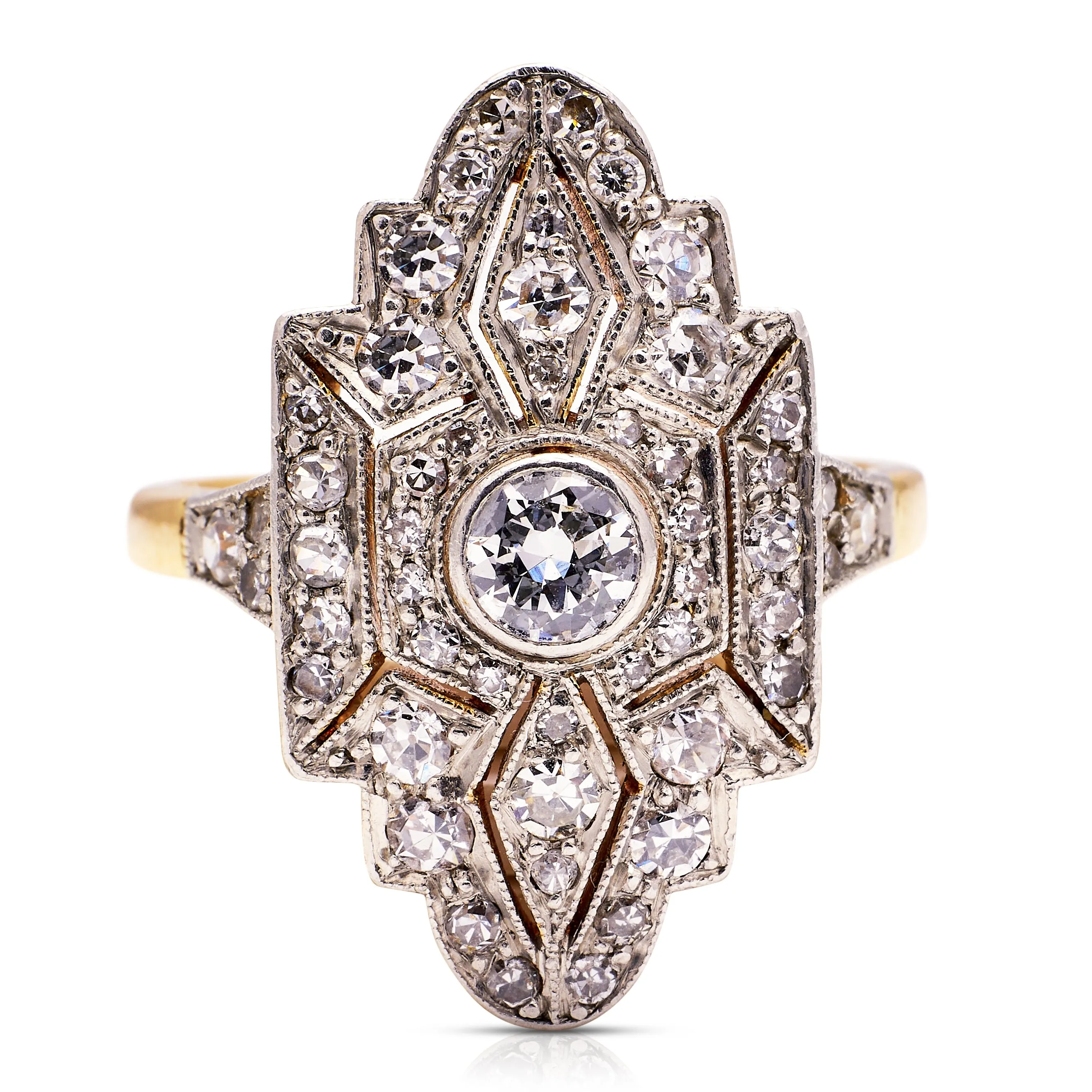 Swedish Art Deco diamond navette plaque engagement ring, 18ct gold and platinum