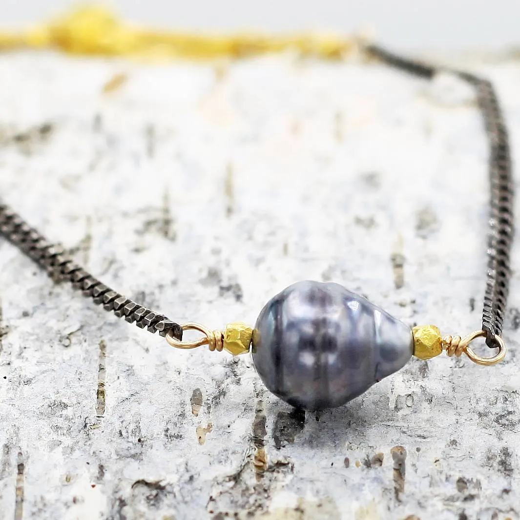 Tahitian Pearl   Oxidized Sterling Silver Bracelet