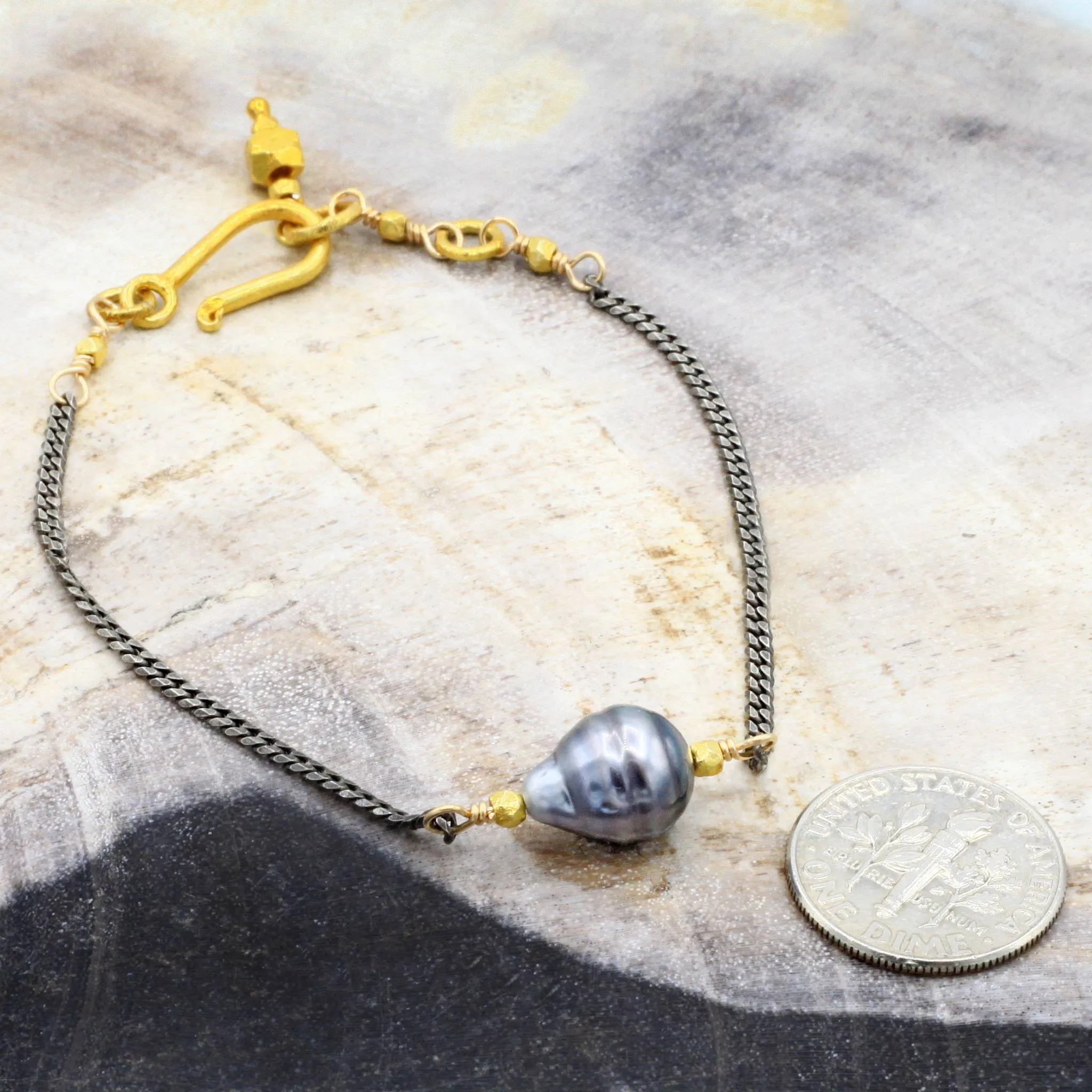 Tahitian Pearl   Oxidized Sterling Silver Bracelet
