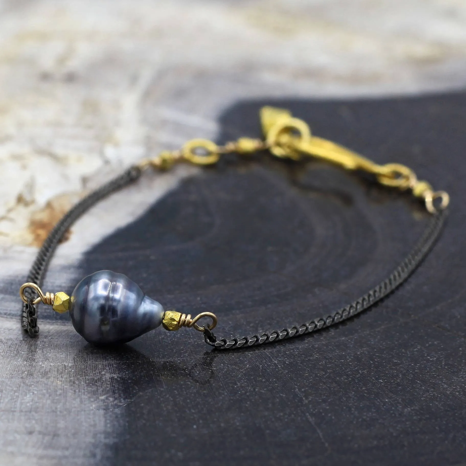 Tahitian Pearl   Oxidized Sterling Silver Bracelet