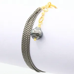 Tahitian Pearl   Oxidized Sterling Silver Strand Bracelet
