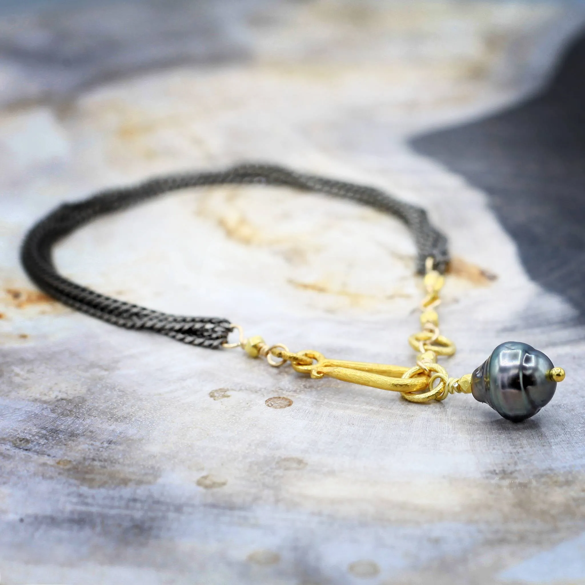 Tahitian Pearl   Oxidized Sterling Silver Strand Bracelet