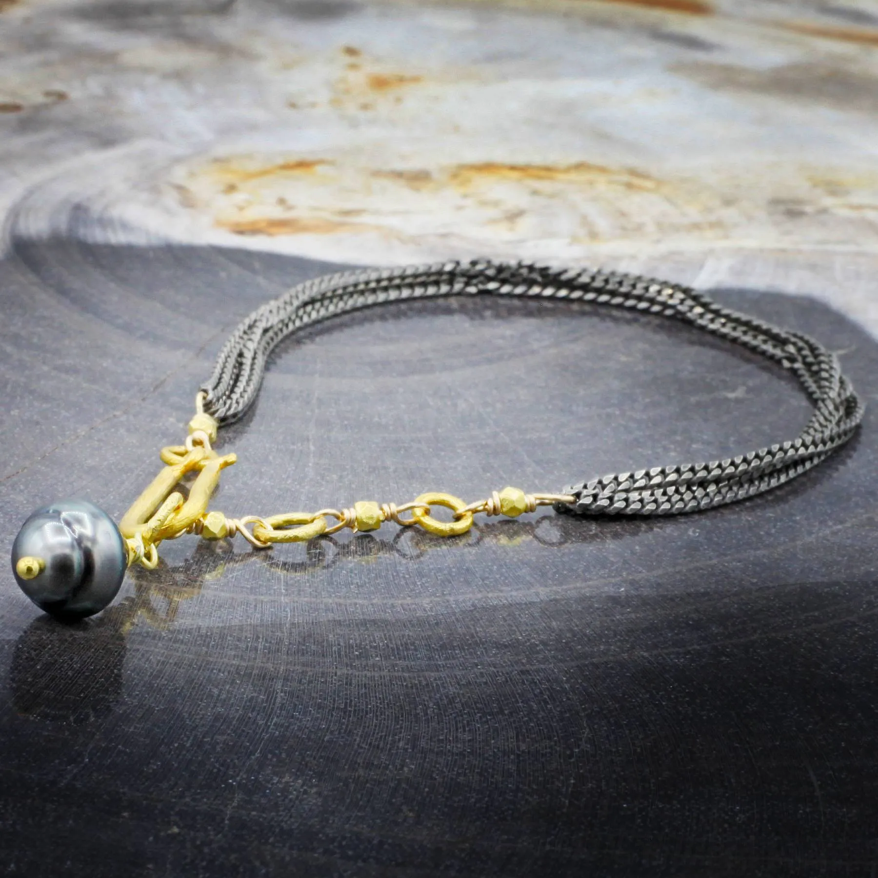 Tahitian Pearl   Oxidized Sterling Silver Strand Bracelet