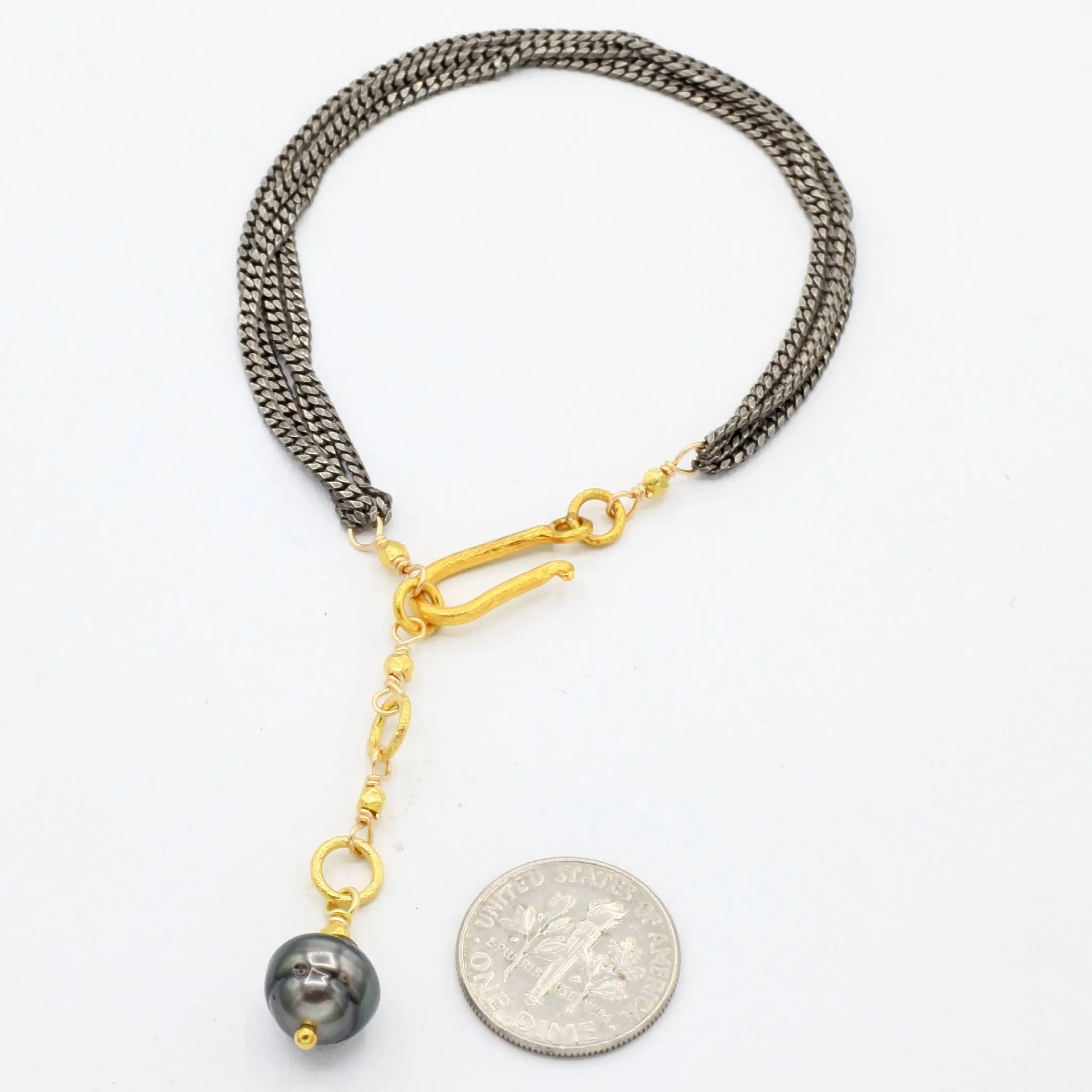 Tahitian Pearl   Oxidized Sterling Silver Strand Bracelet