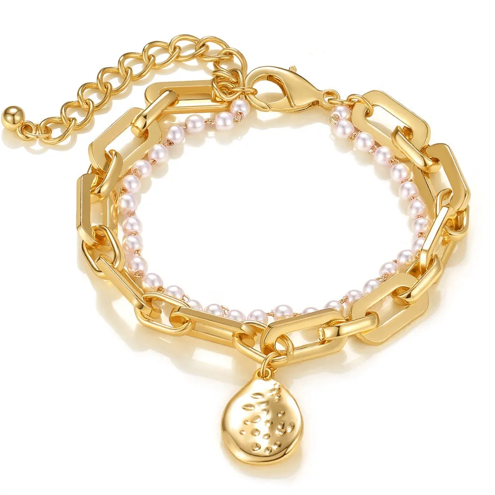 Thick Vintage Punk Metal Double Chain Pendant Bracelets