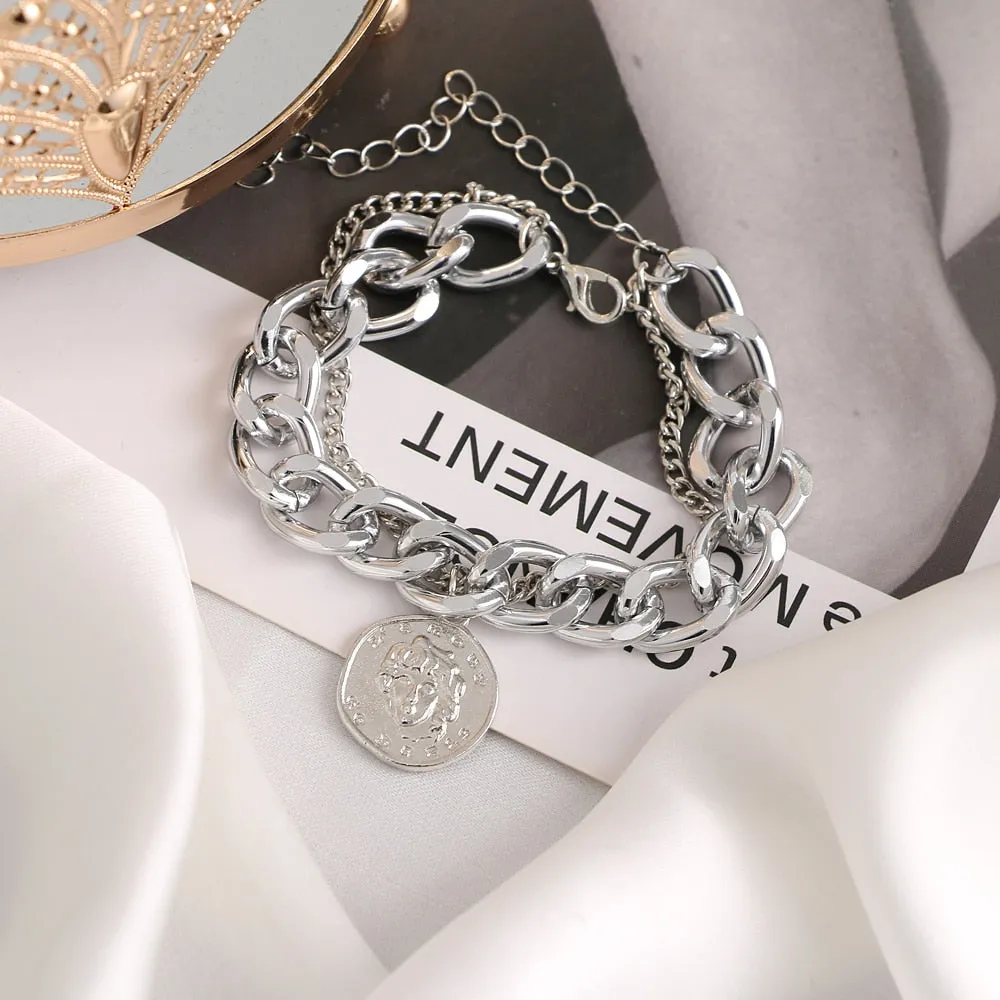 Thick Vintage Punk Metal Double Chain Pendant Bracelets