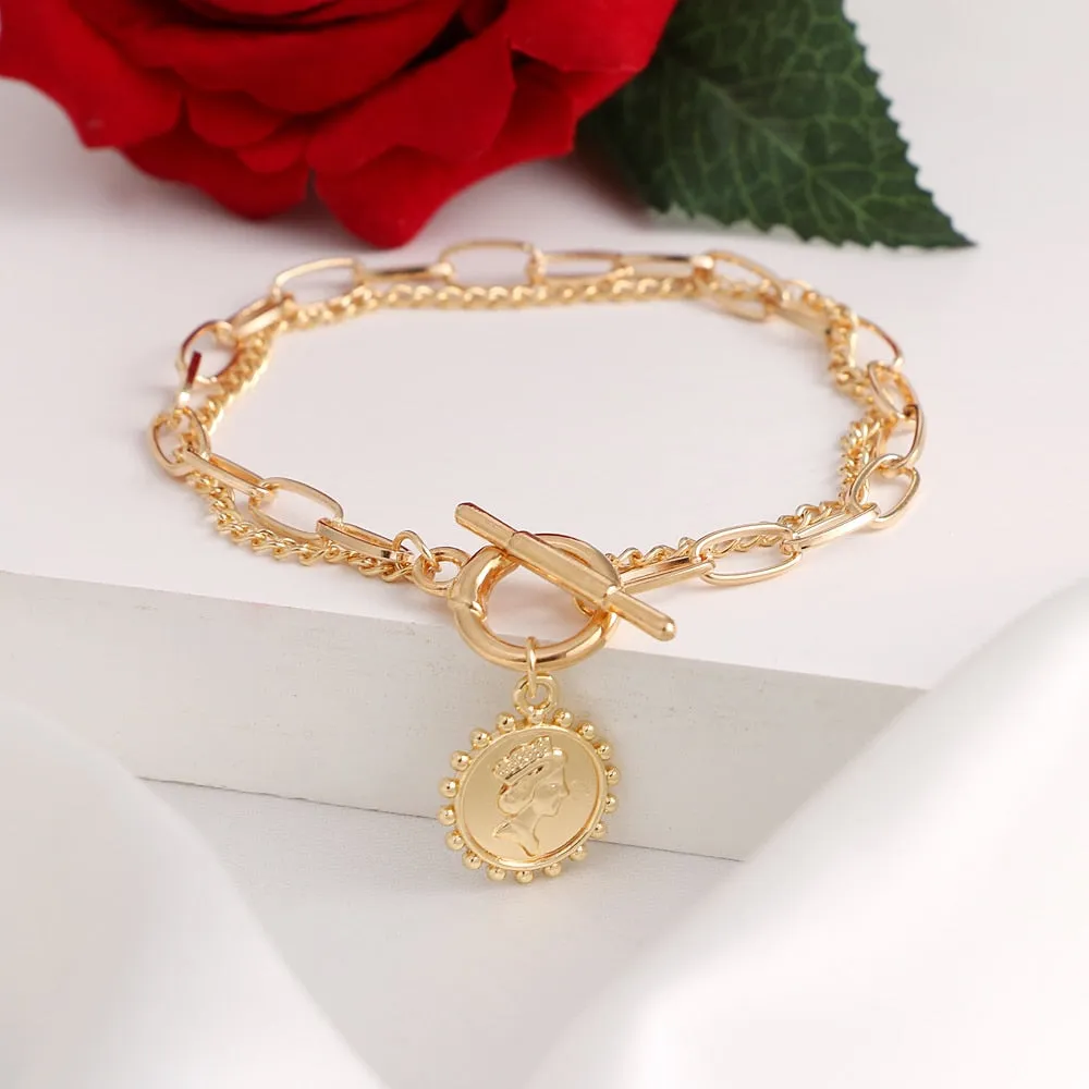 Thick Vintage Punk Metal Double Chain Pendant Bracelets