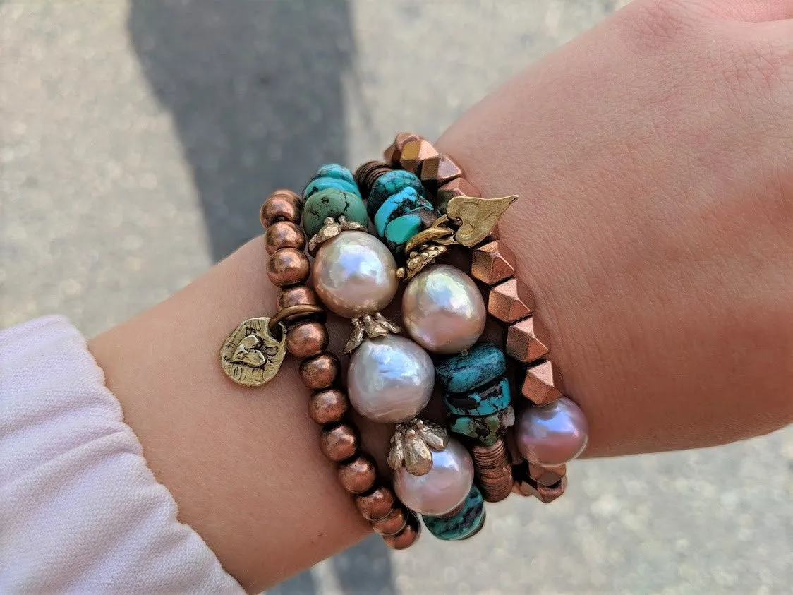 Three Pink Pearls & Copper Elastic Bracelet