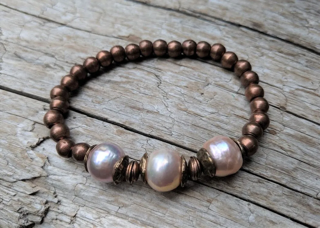 Three Pink Pearls & Copper Elastic Bracelet