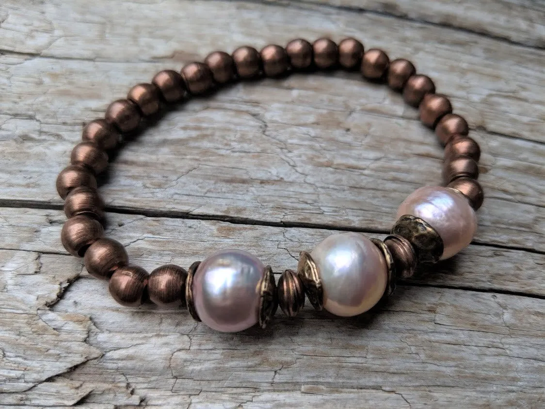 Three Pink Pearls & Copper Elastic Bracelet