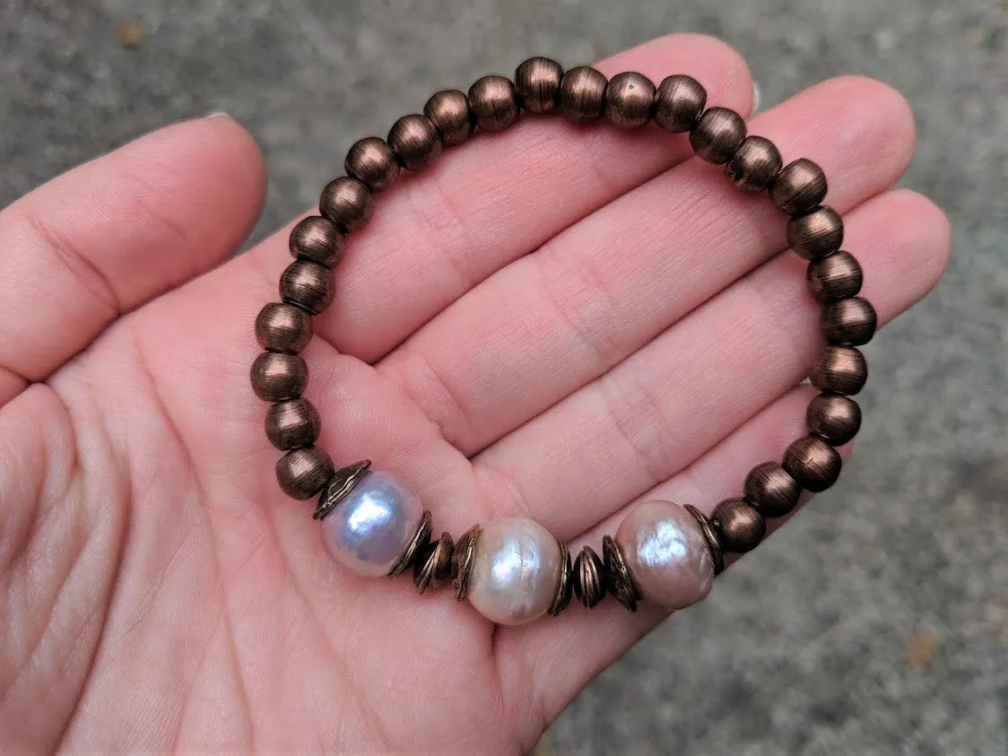 Three Pink Pearls & Copper Elastic Bracelet